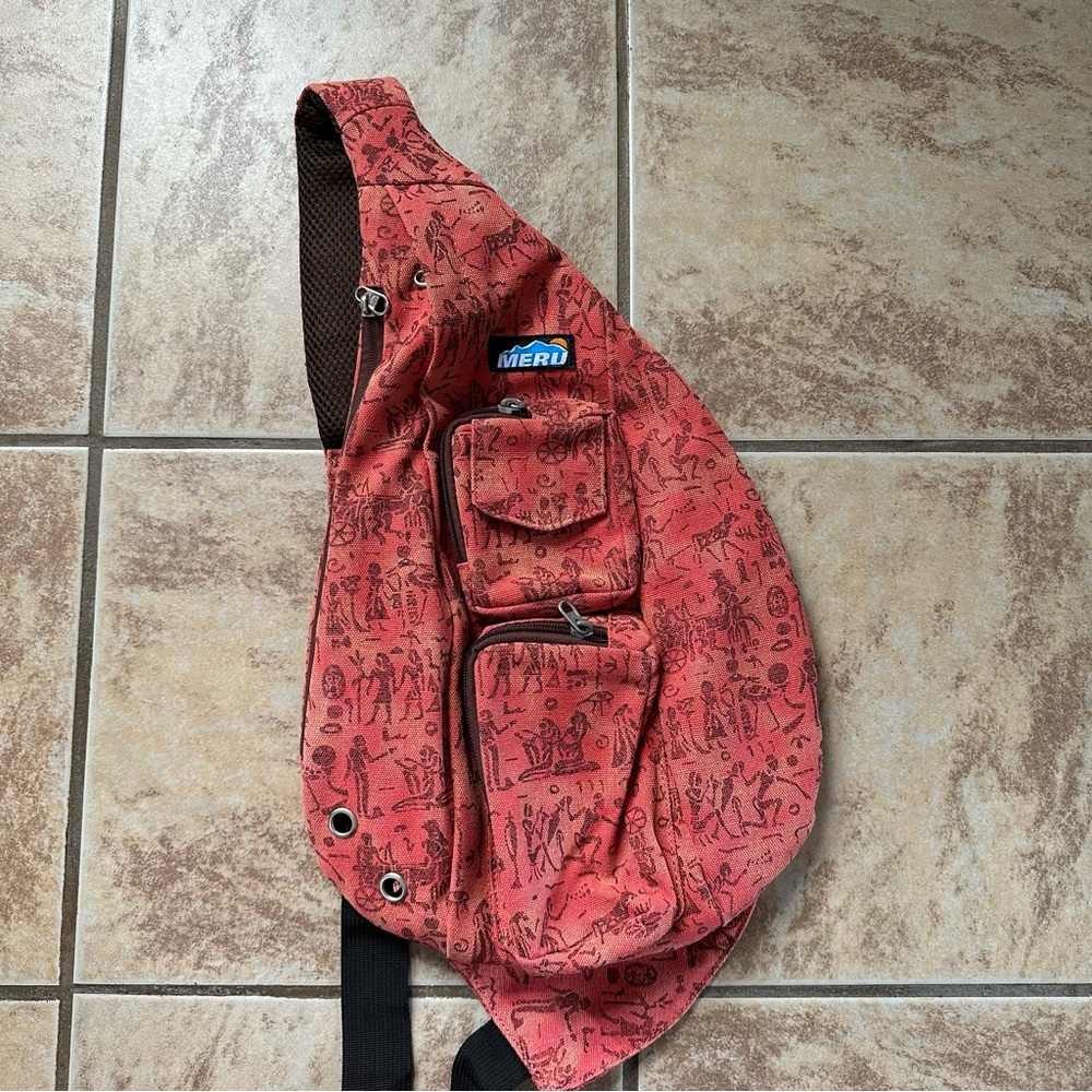 Meru - Sling Backpack Crossbody - Terracotta Hieroglyphics Design - 6 Pockets